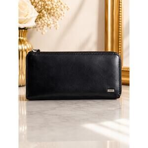 Tod’s Black Leather Zip Around Continental Wallet Silver Hardware